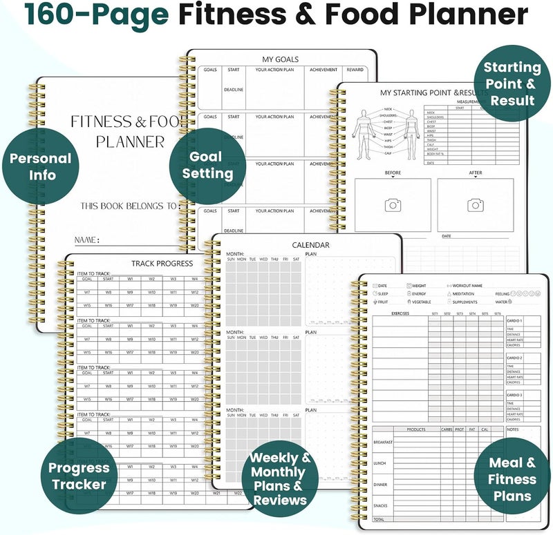 Dapsang Fitness Journal for Women & Men, Food & Workout Journal Planner Log Book with Measuring Tape, Undated Wellness Planner to Track Weight Loss, Muscle Gain, Home Gym Exercise, Daily Nutrition, 9.5" x 7" - Image 5